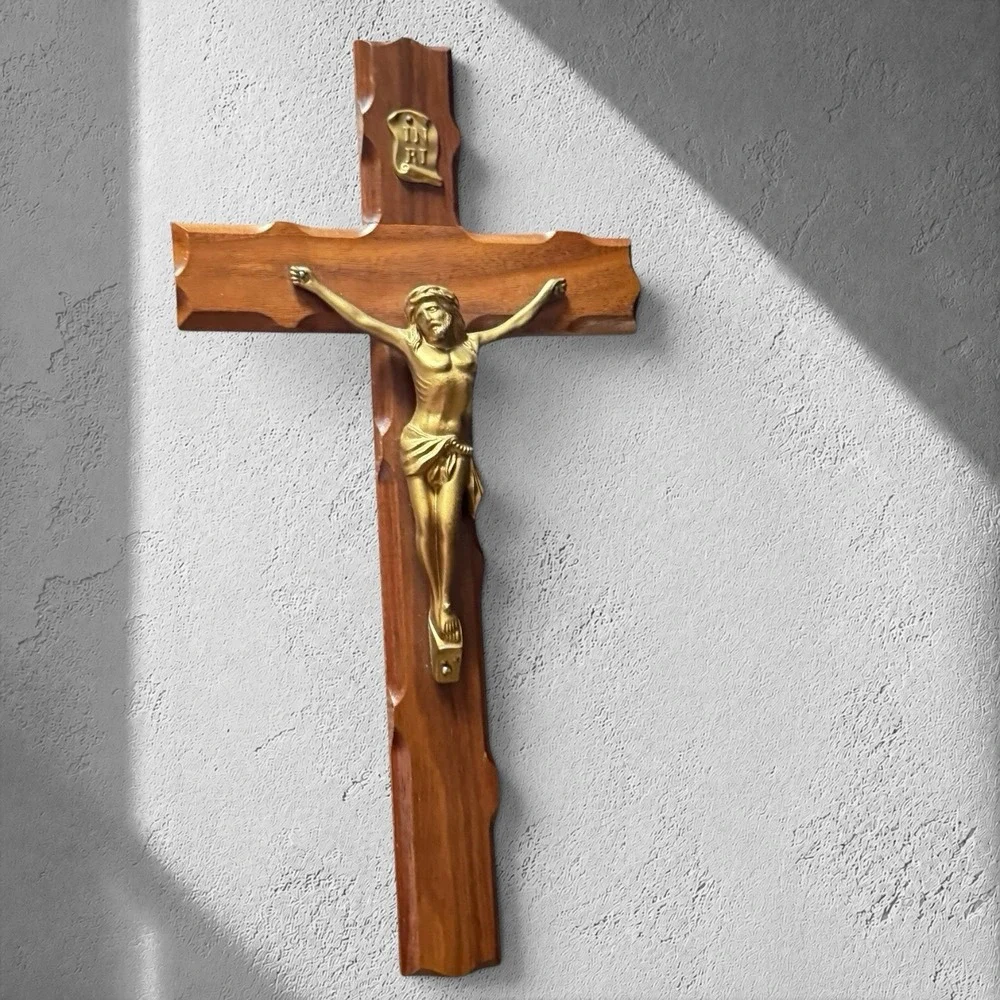 Vintage 1975 Wooden Wall Crucifix Cross Cast Brass Corpus INRI Signed‎ 12 Inch